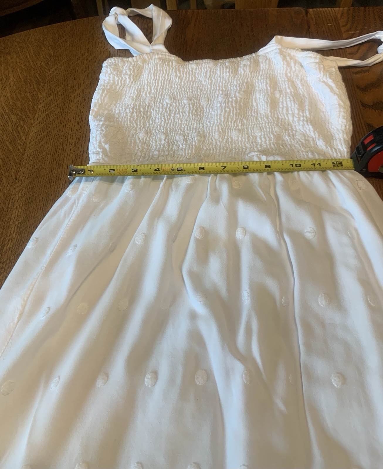 White summer long cotton eyelet dress tie sleeveless scalloped design edge Sm