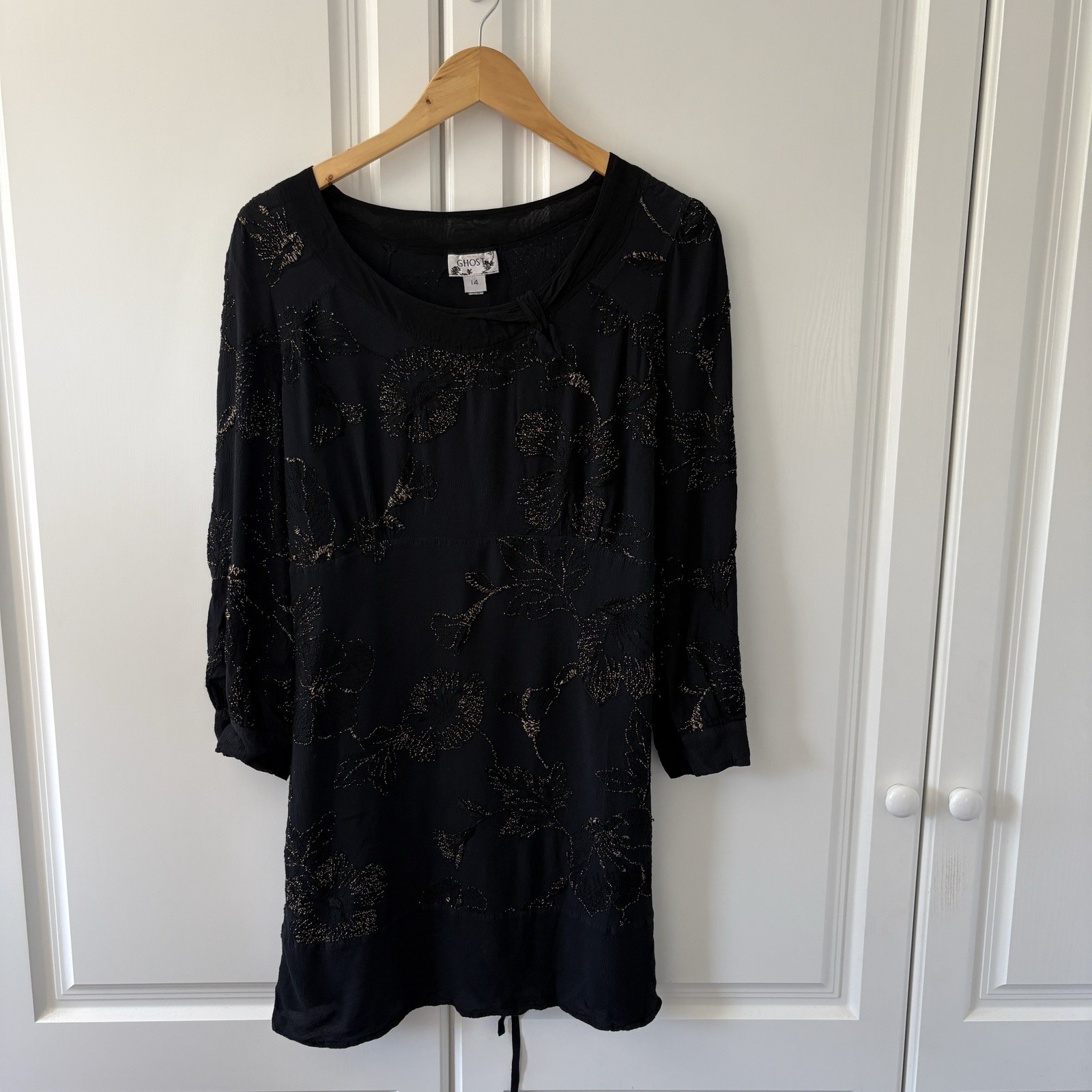 Ladies Vintage Ghost Black & Gold 3/4 Sleeve Mini Dress Belted UK Size 14 Cruise