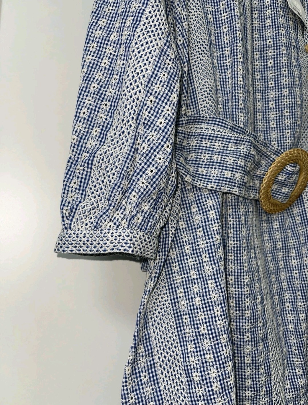 NWT Zara XS Blue/White Gingham V-Neck 3/4 Sleeve Button A-Line Mini Dress