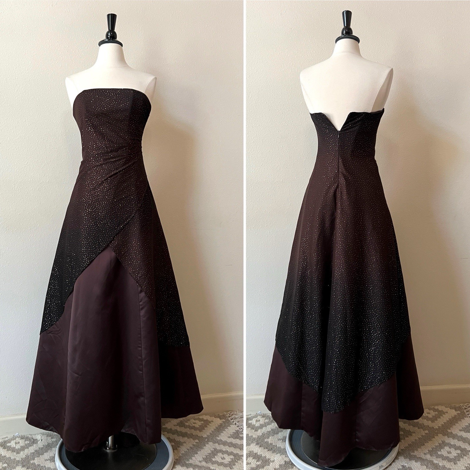 VTG Jump Apparel Strapless Evening Gown XS Brown Glitter Overlay Prom Dress Y2K