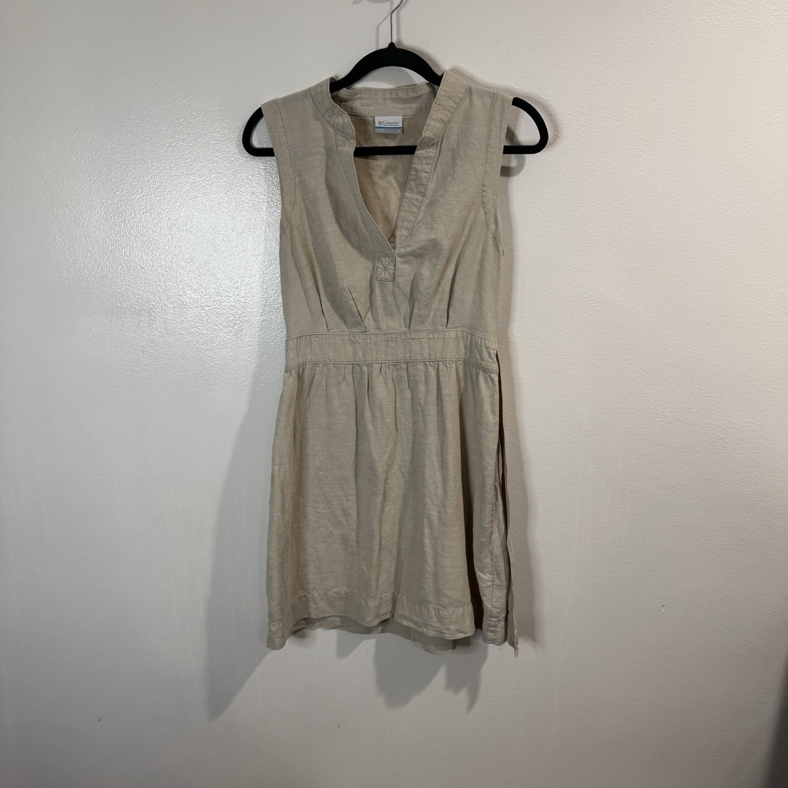 Columbia Shirt Dress S Tank Top 100% Linen Tan Beige Belted V-neck Outdoor