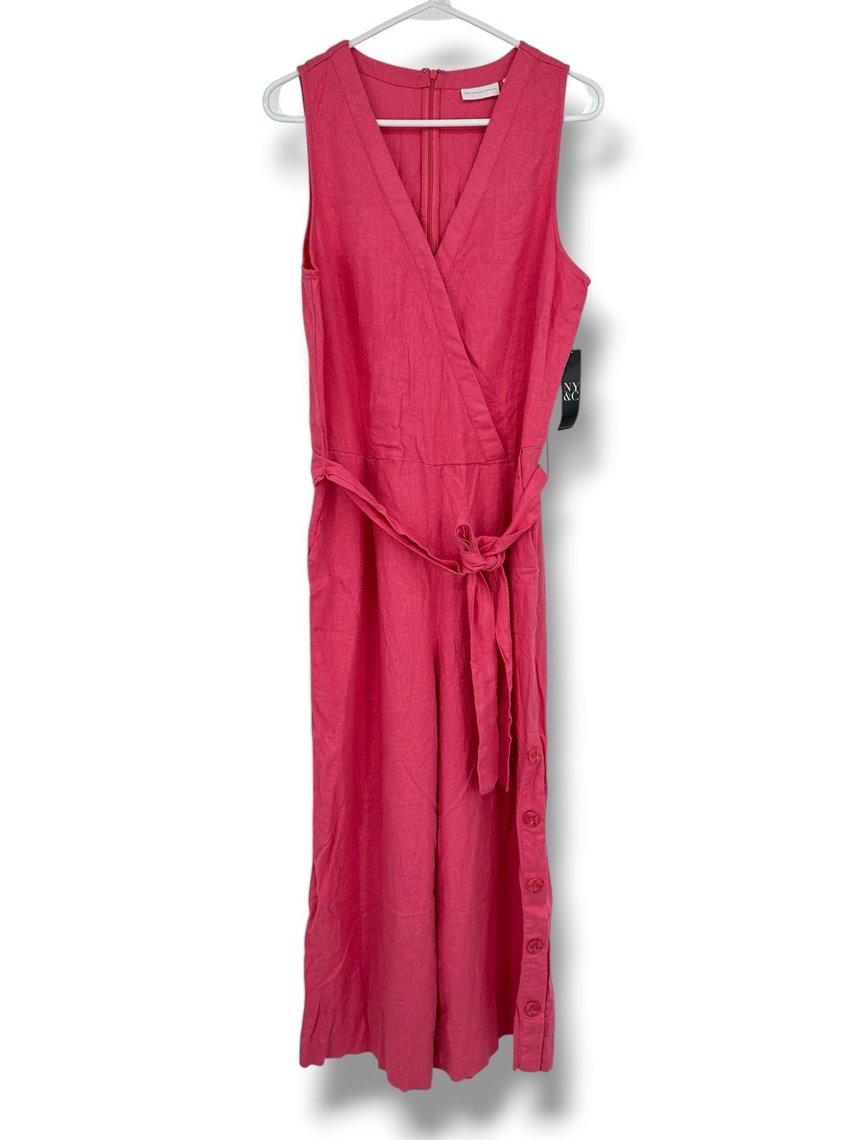 New York & Co Linen Blend Wide Leg Jumpsuit Pink Wrap Tie Waist Resort Coastal M