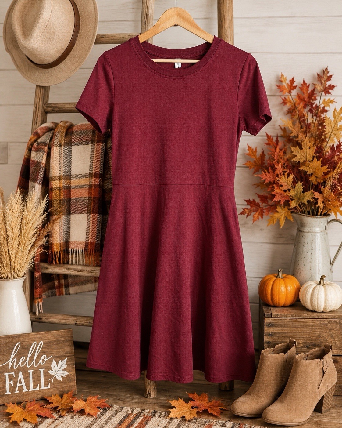 Burgundy Knit Fit & Flare Knee Dress S Short Sleeve Round Neck Pockets Stretch