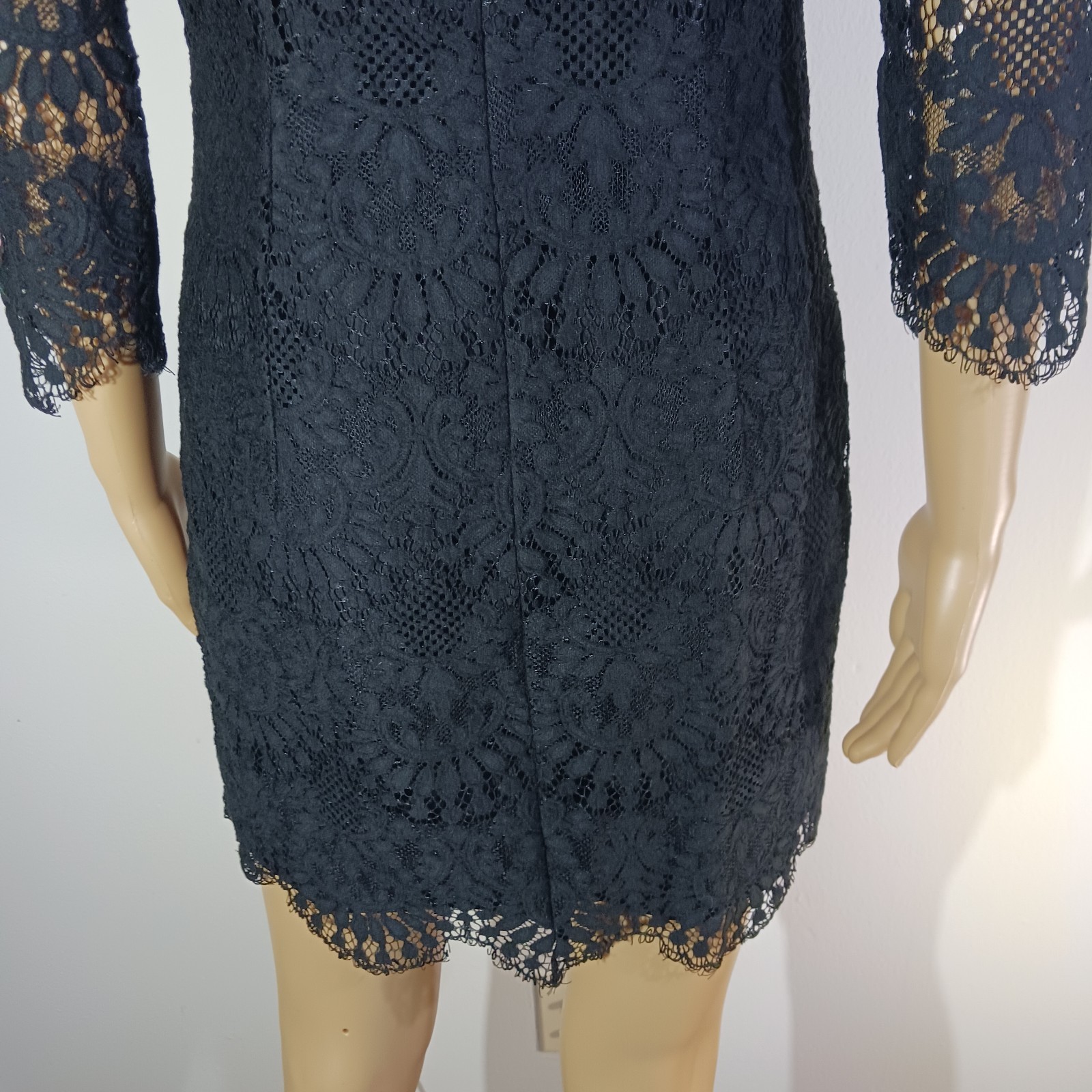 AMT Black Lace Butterfly Embroidered Shift Dress Women’s Size S 3/4 Sleeve Boho