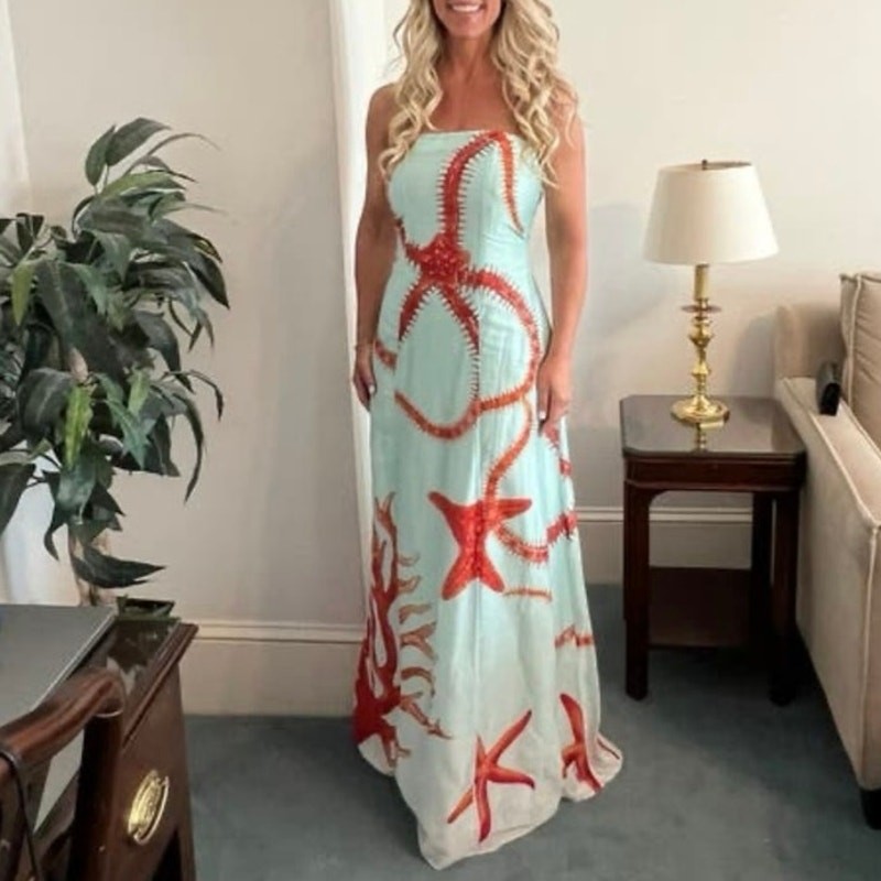 MUMA WORLD Blue Red Starfish Print SleevelessUrsa Maxi Dress size Large