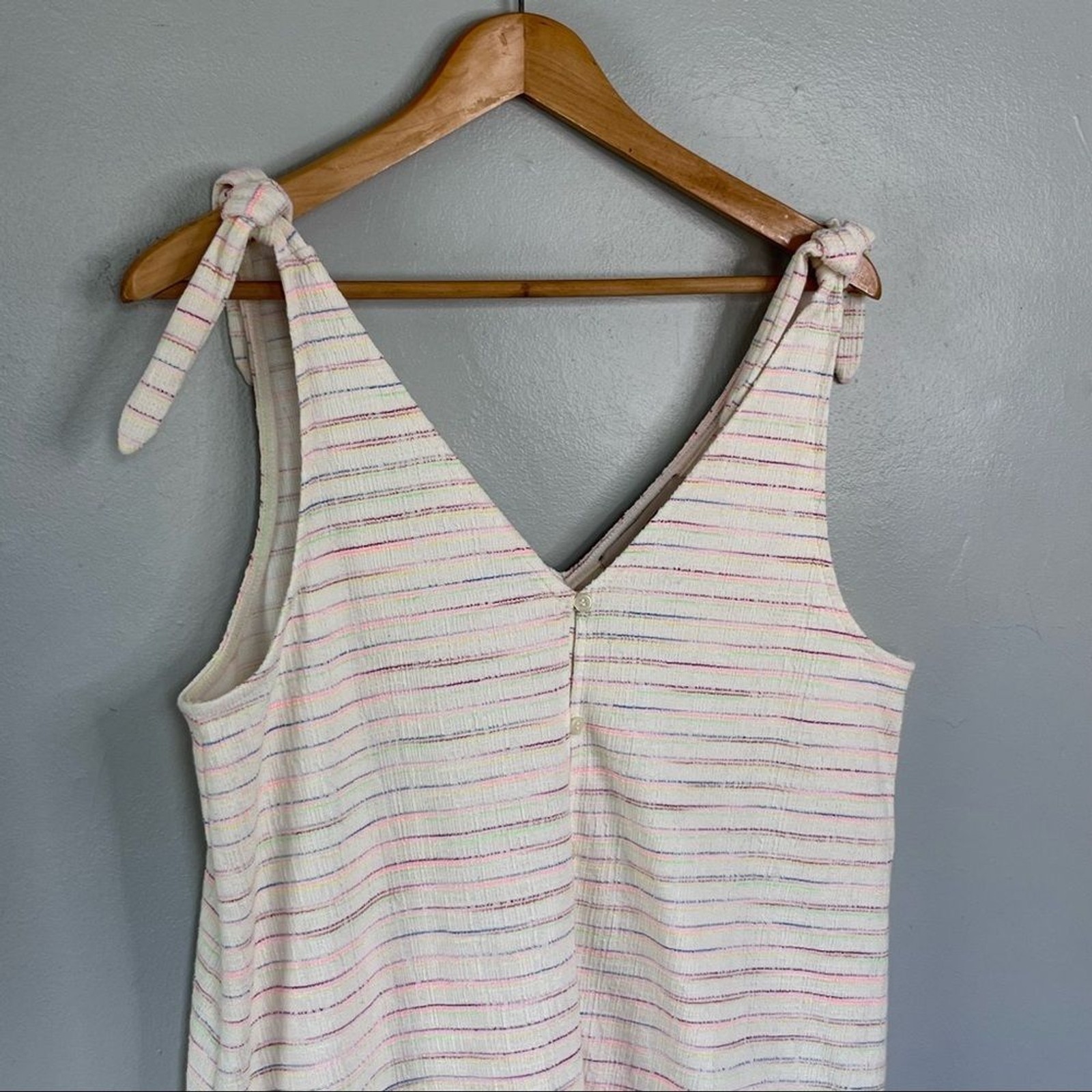 LOFT Bow Strap Button Front Linen Stripes Flounce Dress Ivory Multi-Color Medium