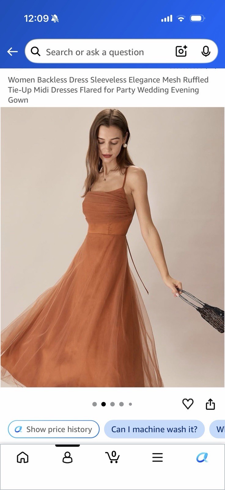 Brown/Rust Solid Mesh Backless Sleeveless Ruffle Tie-Up A-Line Midi Dress M