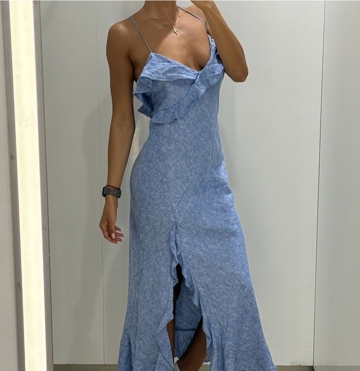 ZARA NWT WOMAN SS25 LINEN RUFFLED STRAP DRESS LIGHT BLUE | 7953/757