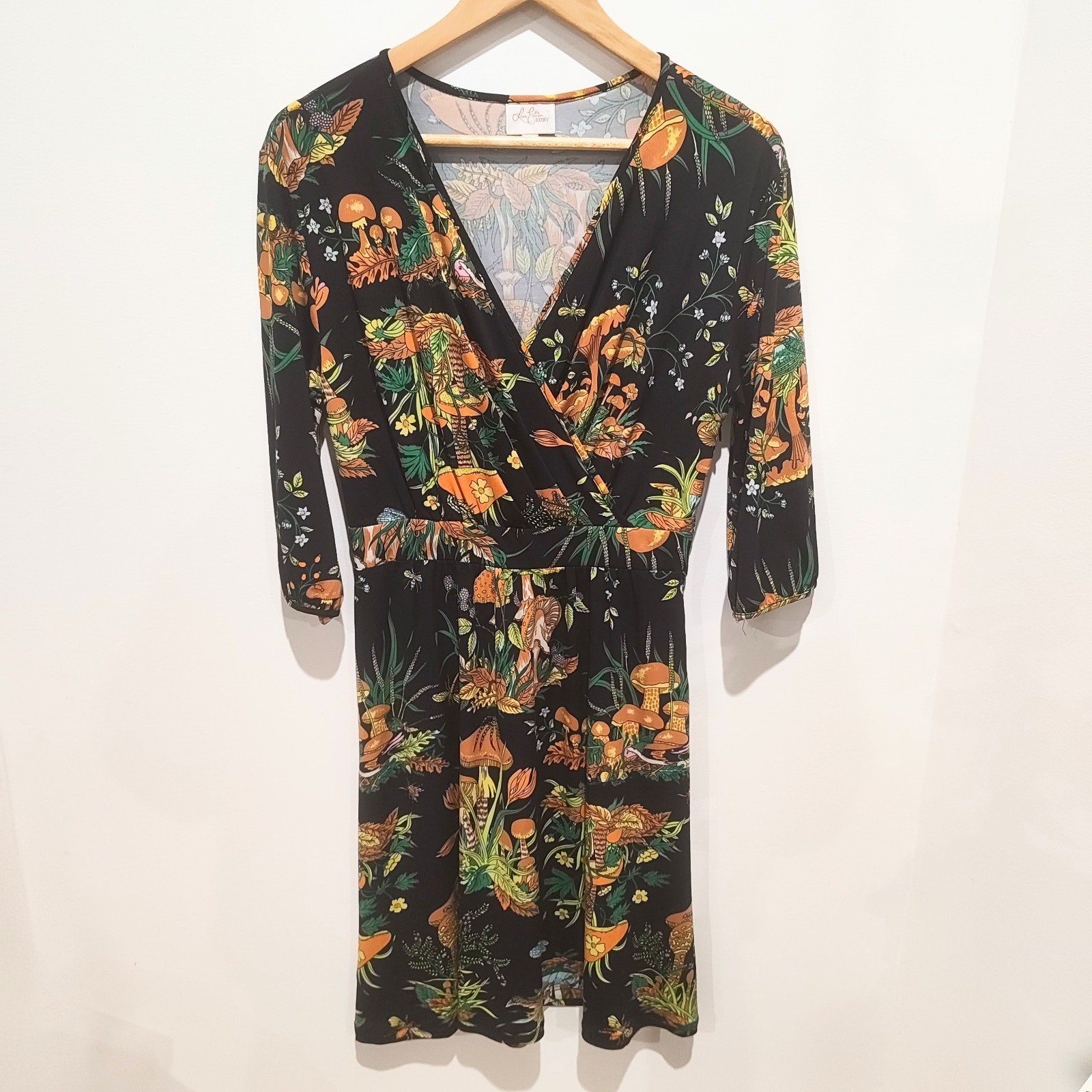 Leona Edmiston Ruby Midi Dress Fungi Print Quirky AU 10 US 6 A-Line Faux Wrap