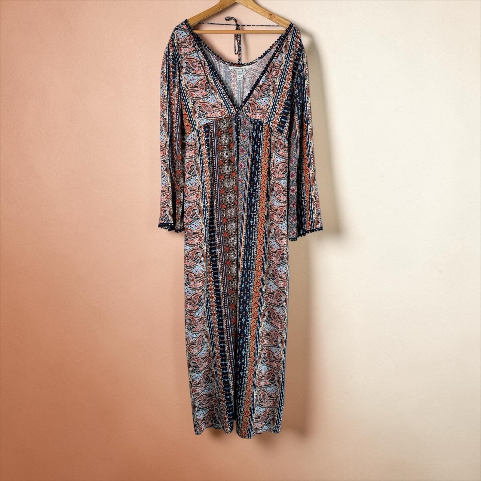 American Rag Cie Women’s Paisley Boho Maxi Dress Bell Sleeves Size L Deep V-Neck
