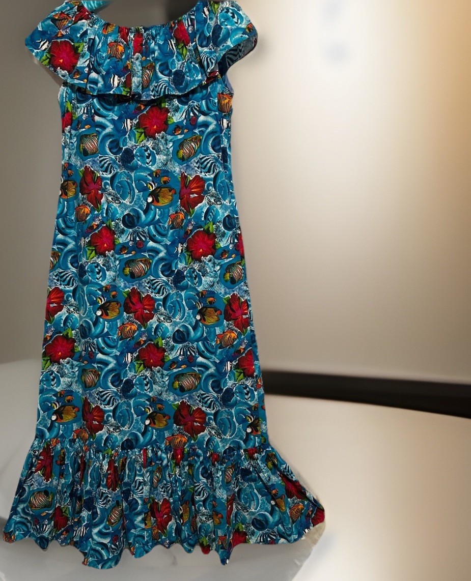 Tropical Fish Print Dress S/M Vtg Cotton Homemade Maxi Sundress Small To Medium