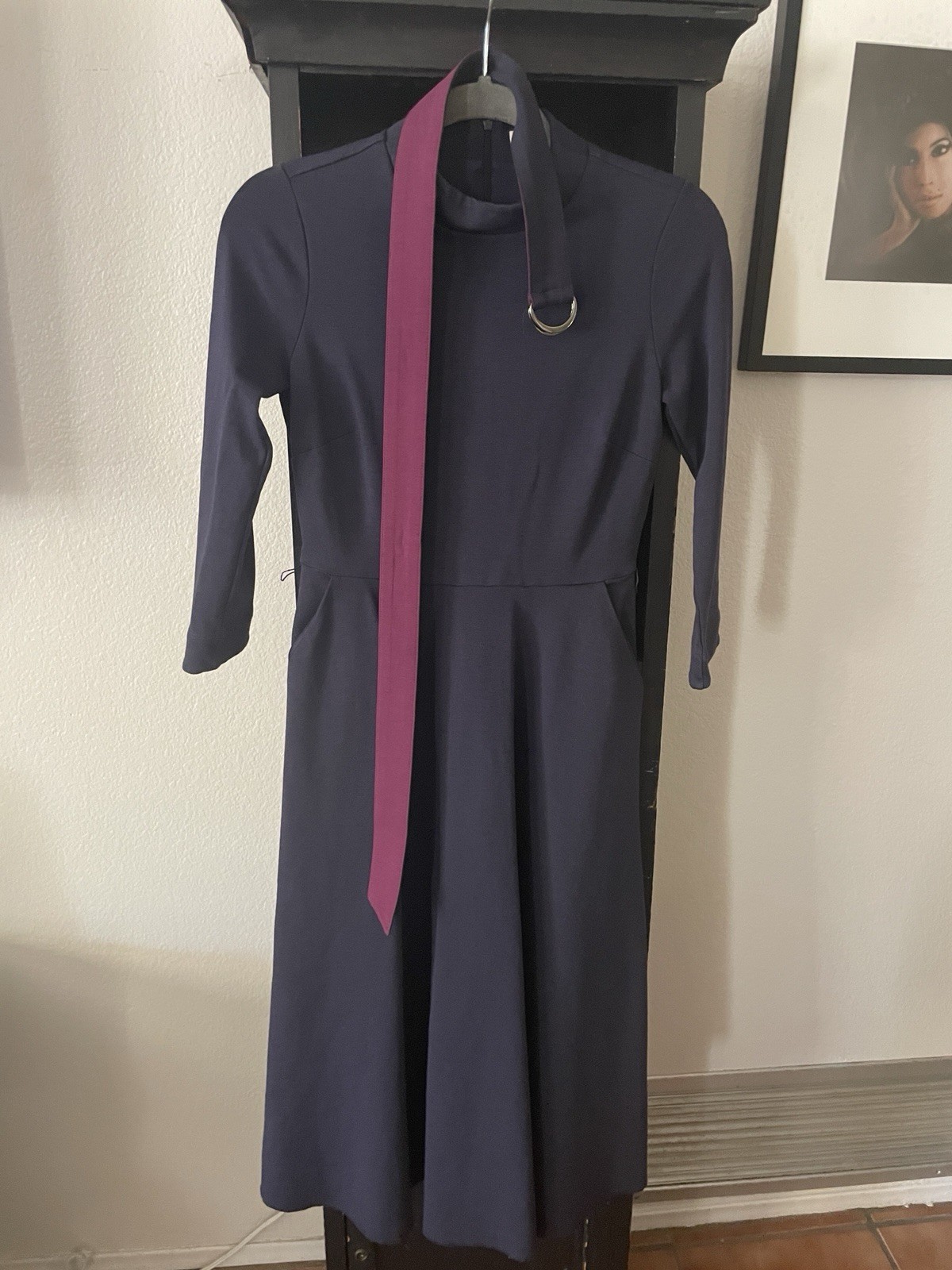 Sz 6 Navy Blue Purple 3/4 Sleeve Dress Pockets Belted Business Casual Modest