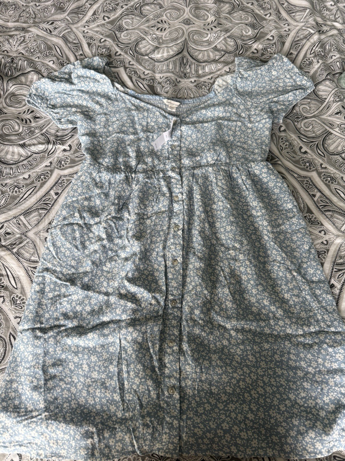 American Eagle Dress Womens M Blue Mini Button Up Floral Babydoll Tunic Smock