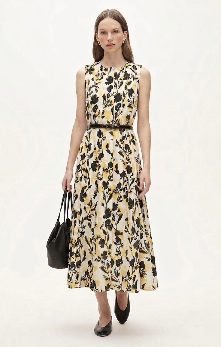 J. Crew Floral Yellow Seamed Pleated Belted Cotton Midi Dress Size Small Resort