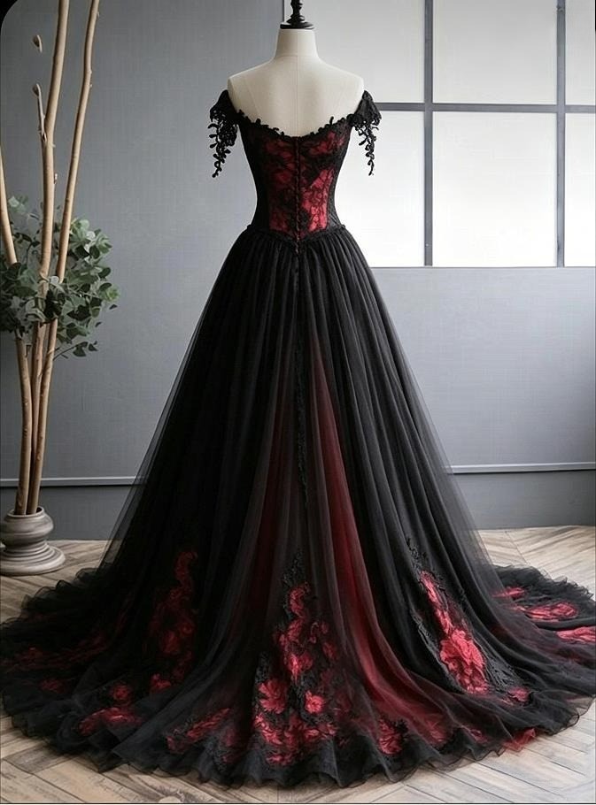Black Red Gothic Wedding Dresses A Line Lace Appliques Off Shoulder Bridal Gowns