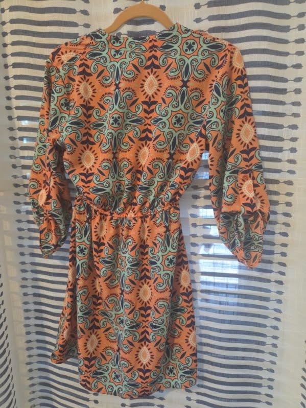 Geometric Paisley Pink/Blue Print 3/4 Sleeve Elastic Waist Midi Summer Dress S