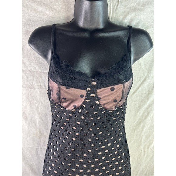 Dazy Med Black Eyelet Lace Bustier Mini Dress Polka Dot Trim Night Out Bodycon