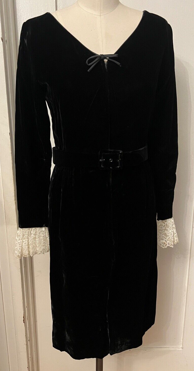 Vintage R And K Originals Black Velvet White Cuffs Dress With Belt
