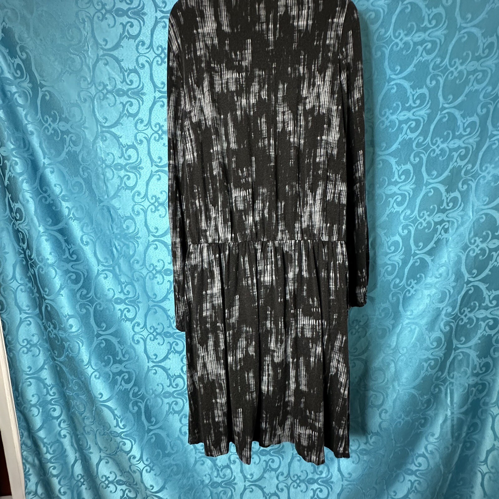 Tart Black Gray Blue Tie Dye Knit Blouson Dress Pockets Drop Waist Women’s L