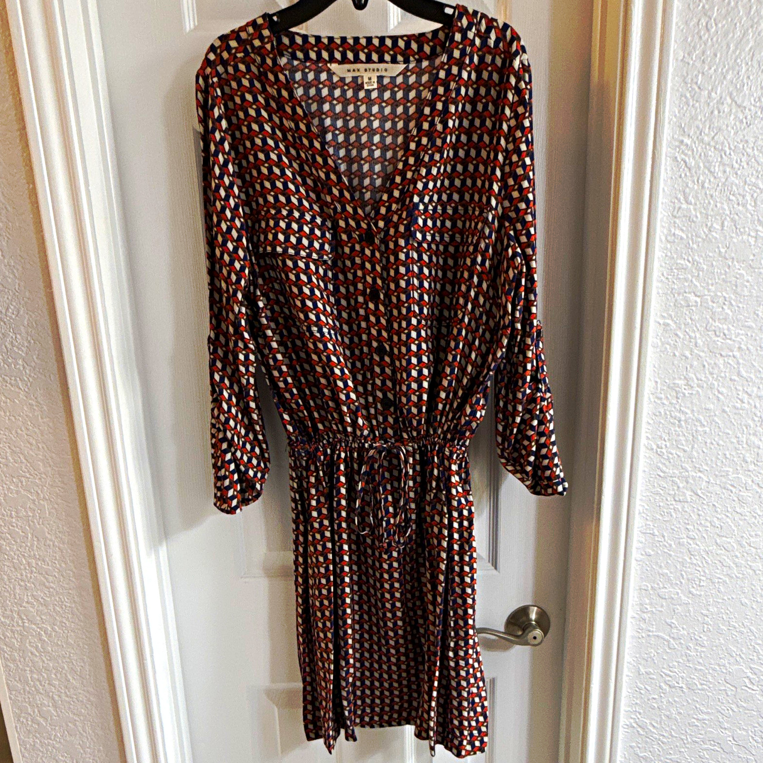 Max Studio Geometric V-Neck Long Sleeve Jumpsuit M Button Front Drawstring