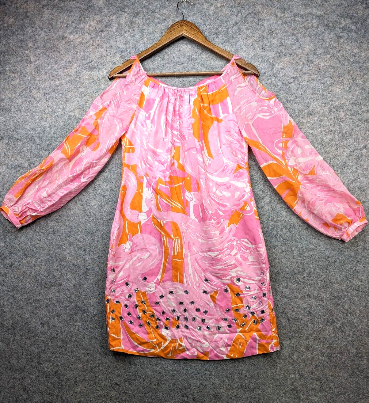 Lilly Pulitzer Dress Womens 2 Pink Orange Silk Chauncey Flamingo Fan Dance