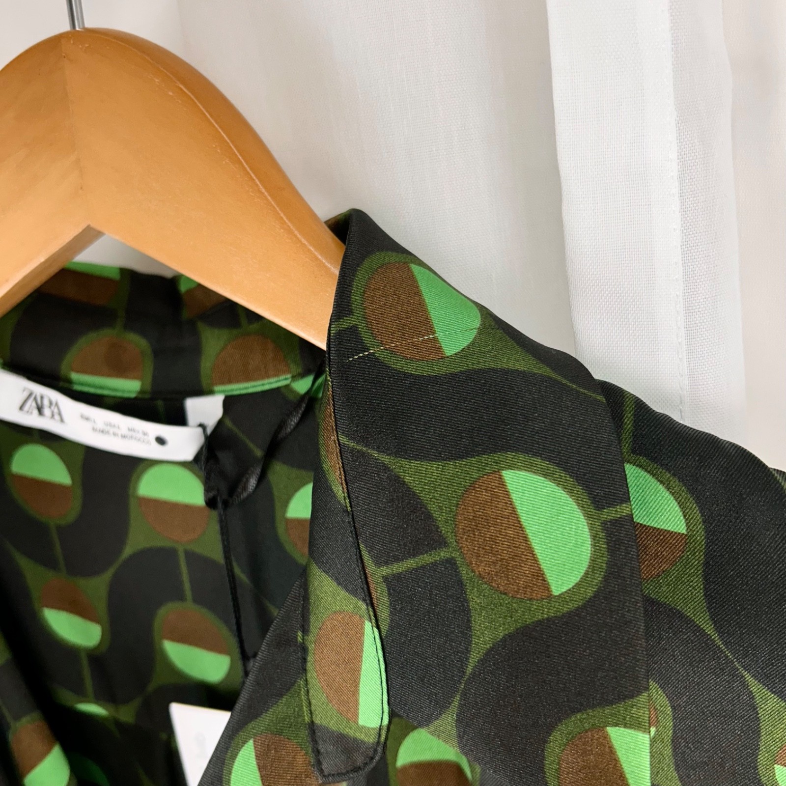 Zara Retro Mod Geometric Print Point Collar Wrap Midi Dress Green/Black/Brown L