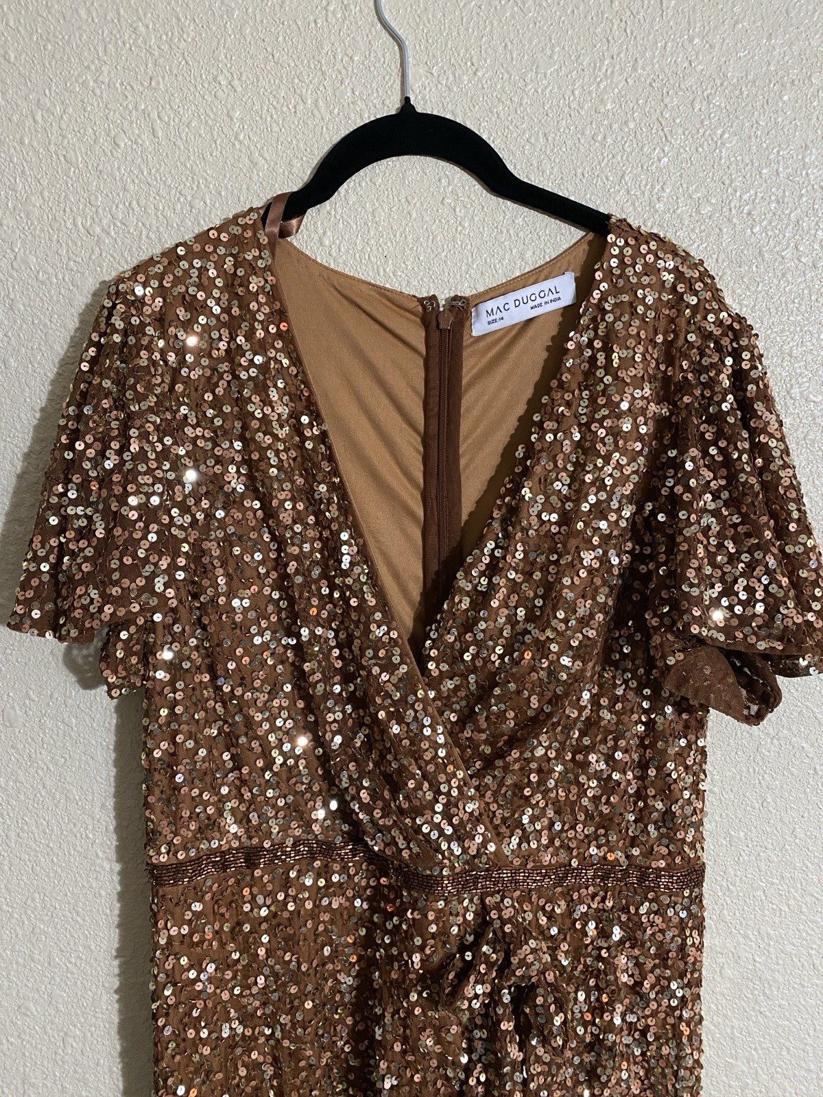 Mac Duggal Copper Sequined Wrap Over Butterfly Sleeve Gown 5540 Size 14 NWT