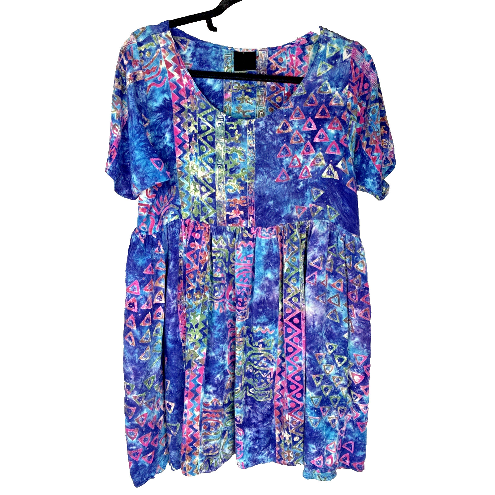 Batik Tie Dye Babydoll Mini Dress Tunic Blue Purple Flowy Boho Vtg Pockets S M 8