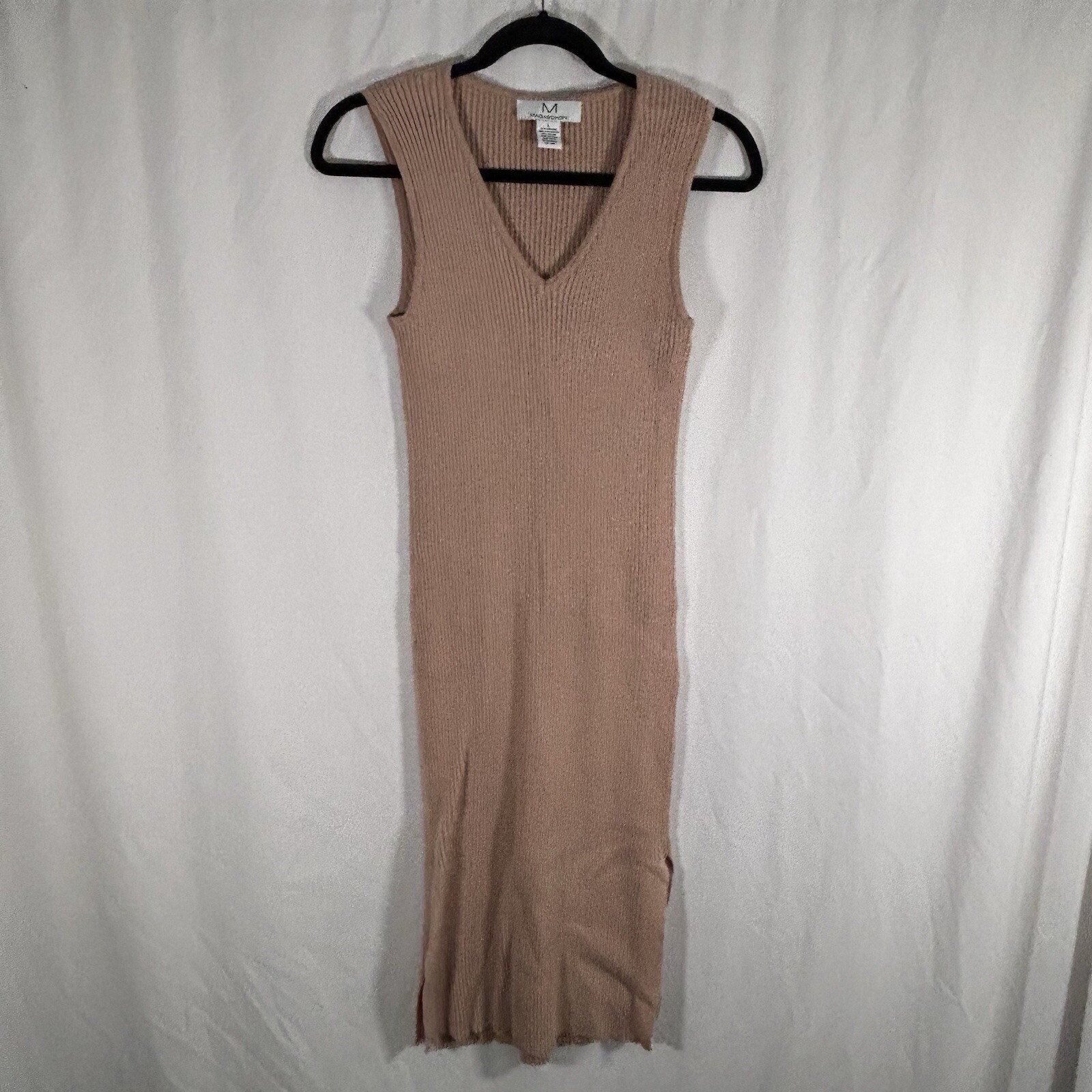 Magaschoni Midi Dress Women Large Tan Sleeveless Vneck Ribbed Stretchy Side Slit