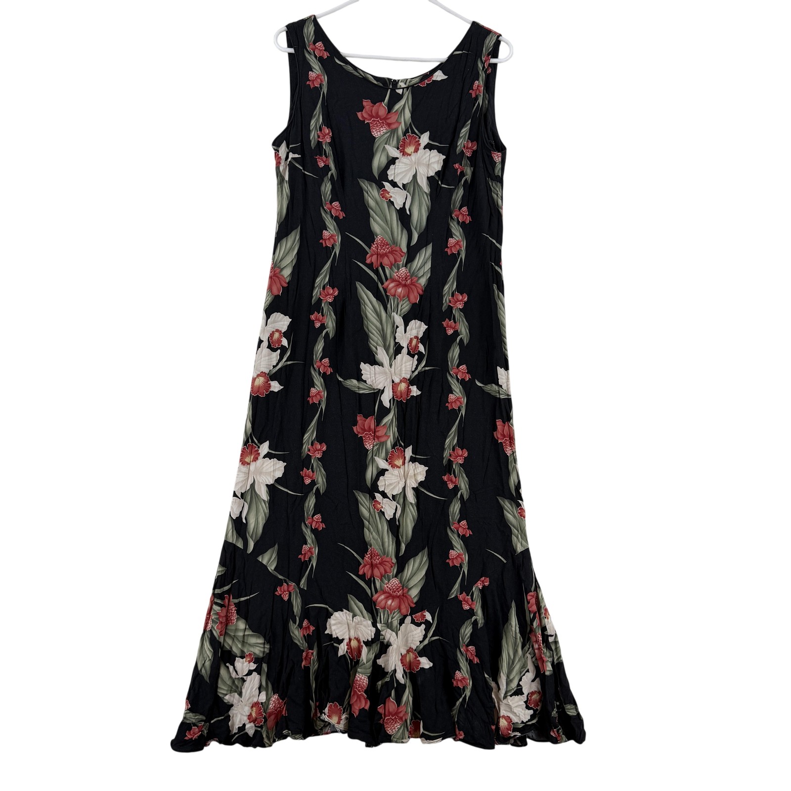 Young Hawaii Dress Womens Large Black Floral Ruffle Hem Sundress Hawaiian USA