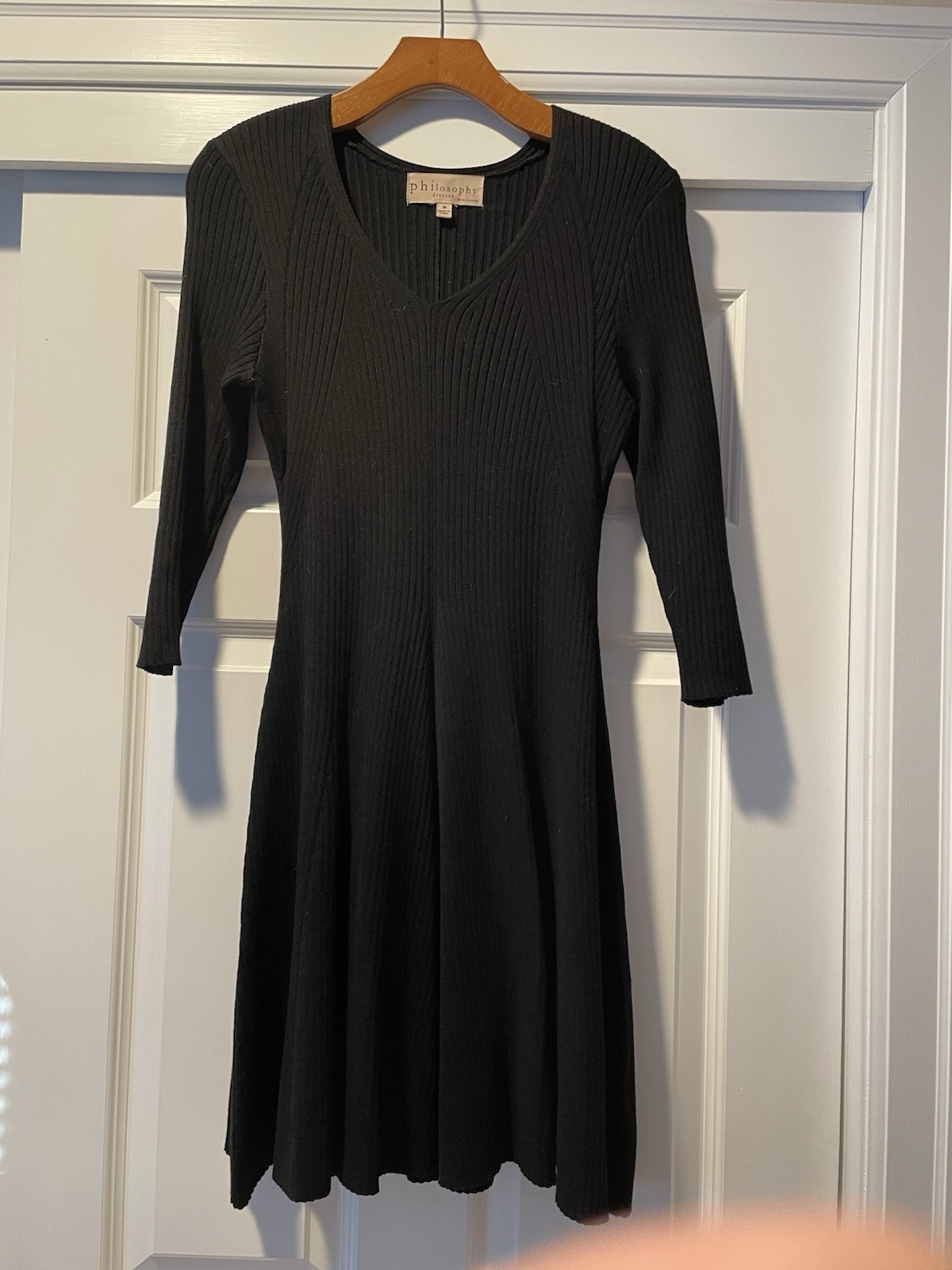 Philosophy Women’s Black Knit V-Neck 3/4 Sleeve A-Line Dress Rayon Blend Size M