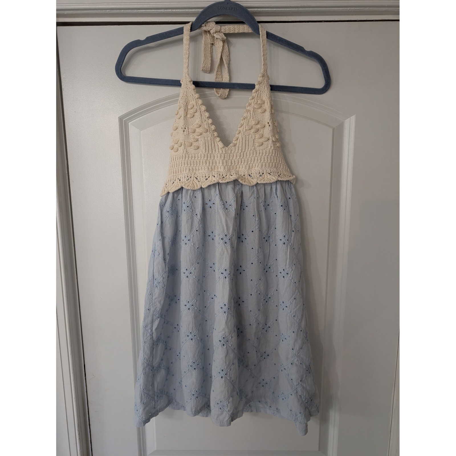 Zara Womens XS Light Blue Eyelet Crochet Halter Dress Knit cottagecore boho