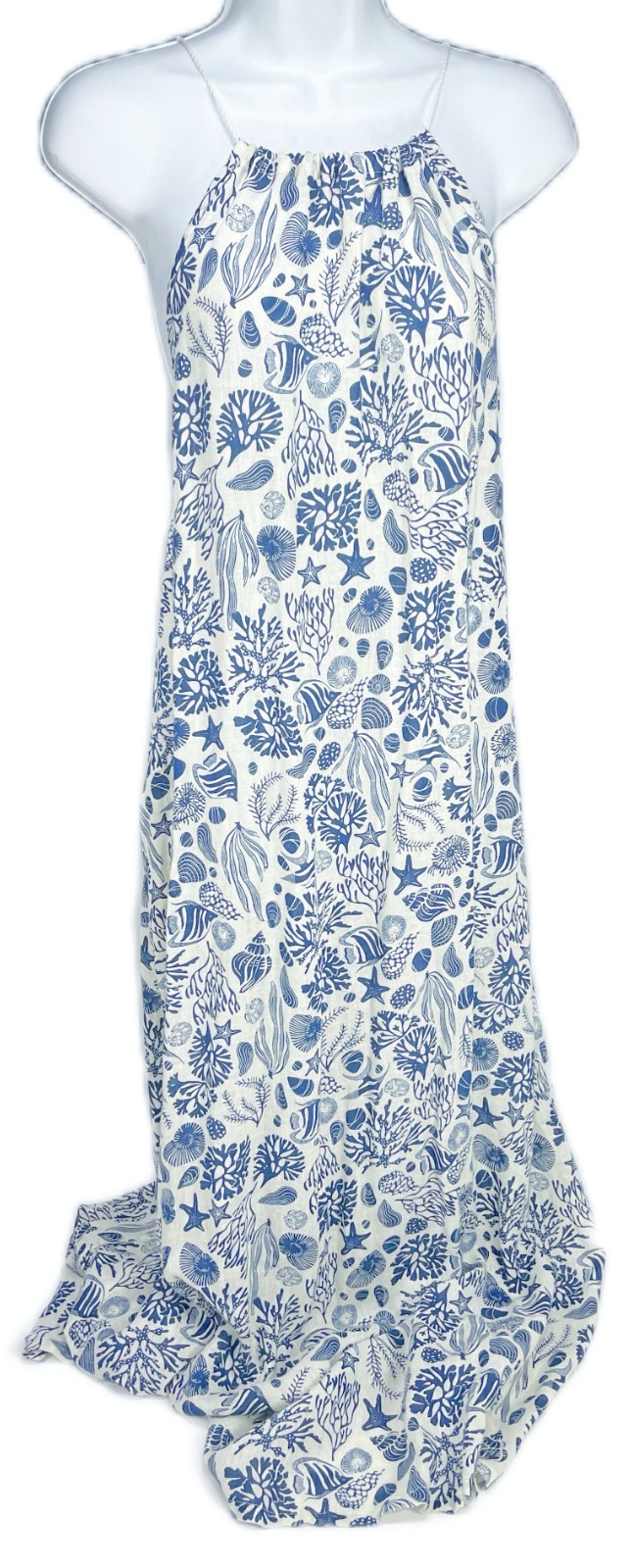 XL Sigrid Olsen Linen Blend Maxi Dress Blue Ivory Coastal Seashell Beach