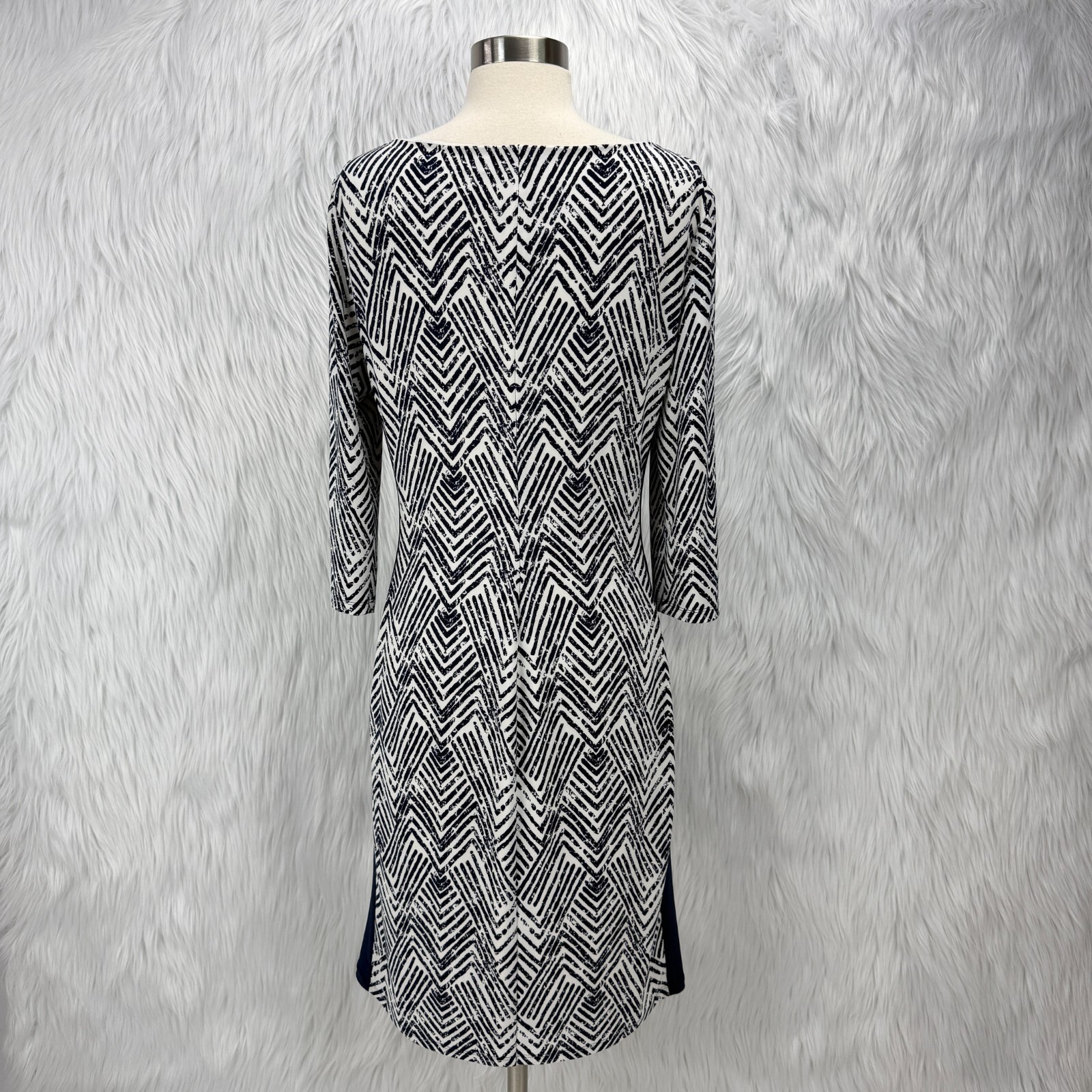 Lauren Ralph Lauren Dress Navy White Sz 10 Geometric Print Ruched 3/4 Sleeve