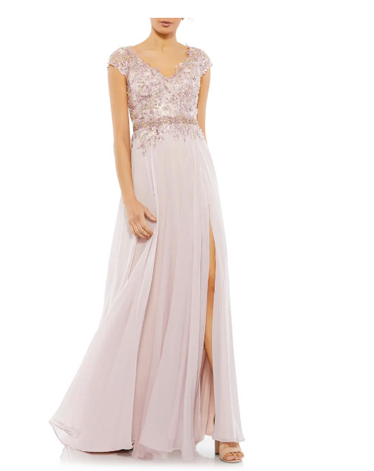 MAC DUGGAL 79365 BEADED SEQUIN CAP SLEEVE MESH & CHIFFON A-LINE ROSE GOWN 8
