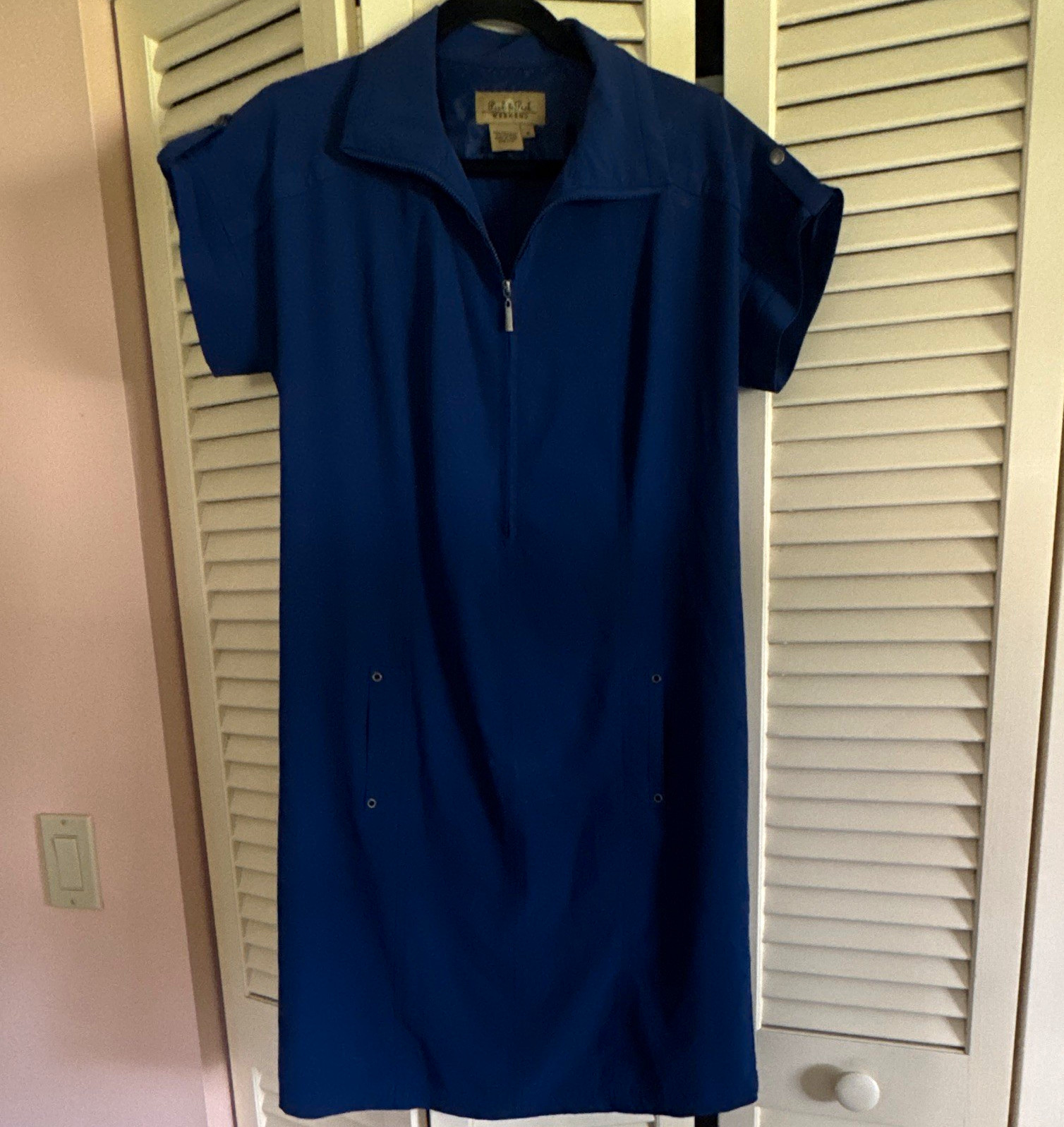 L.L.Bean Blue Collared Zip Neck Cap Sleeve Shift Dress Pockets Knee Length XL