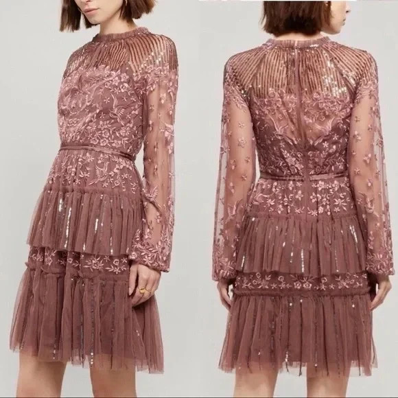 Needle and Thread Sequin Embroidered Tiered Dress sheer long sleeves 0 READ