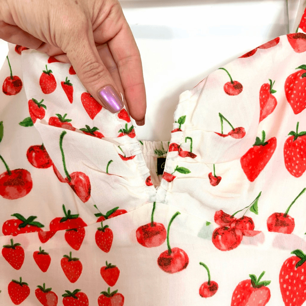 Crystal Doll Midi Dress Womens Large White Red Strawberry Cherry Print Tiered