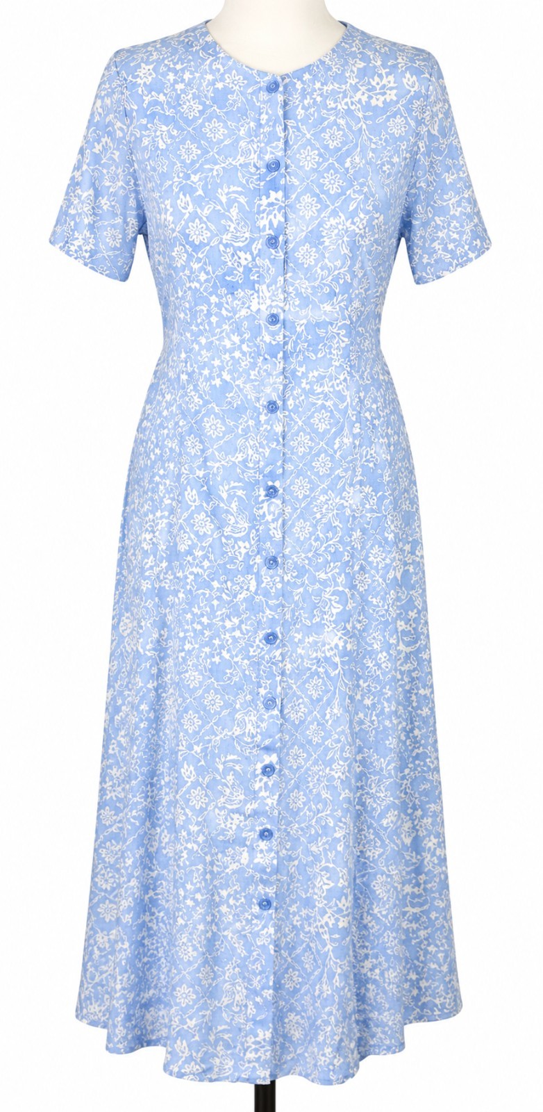 Patra Midi Dress Size M Blue White Floral Button Front Tie Waist Summer
