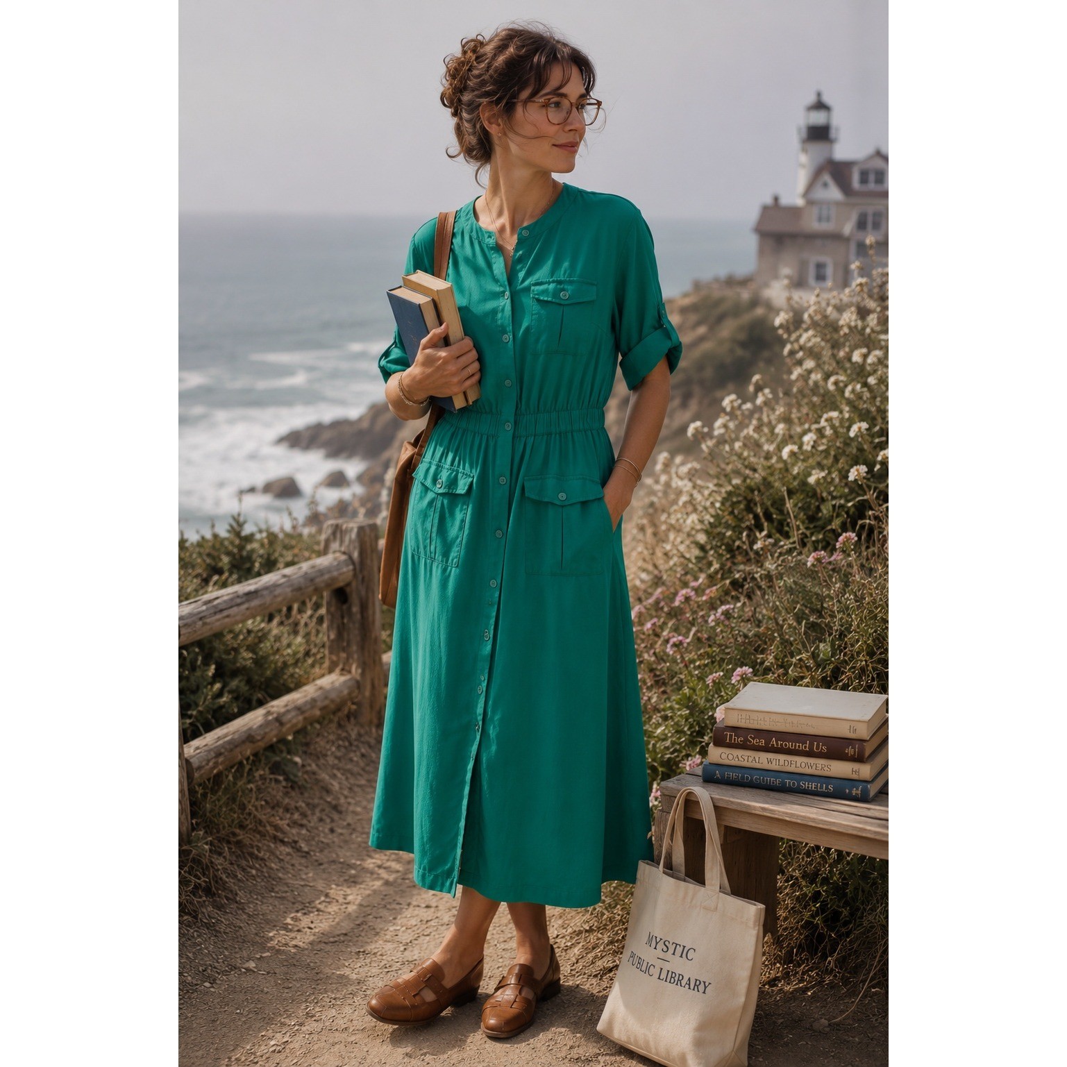 LOFT Midi Shirt Dress 10P Green Button Up Lyocell Coastal Preppy Librarian Retro