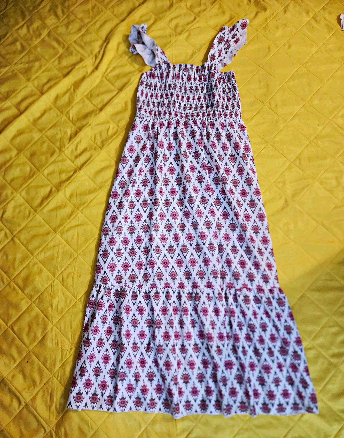 White Pink Red Floral Square Neck Smocked Ruffle Strap Cotton Midi Sundress S