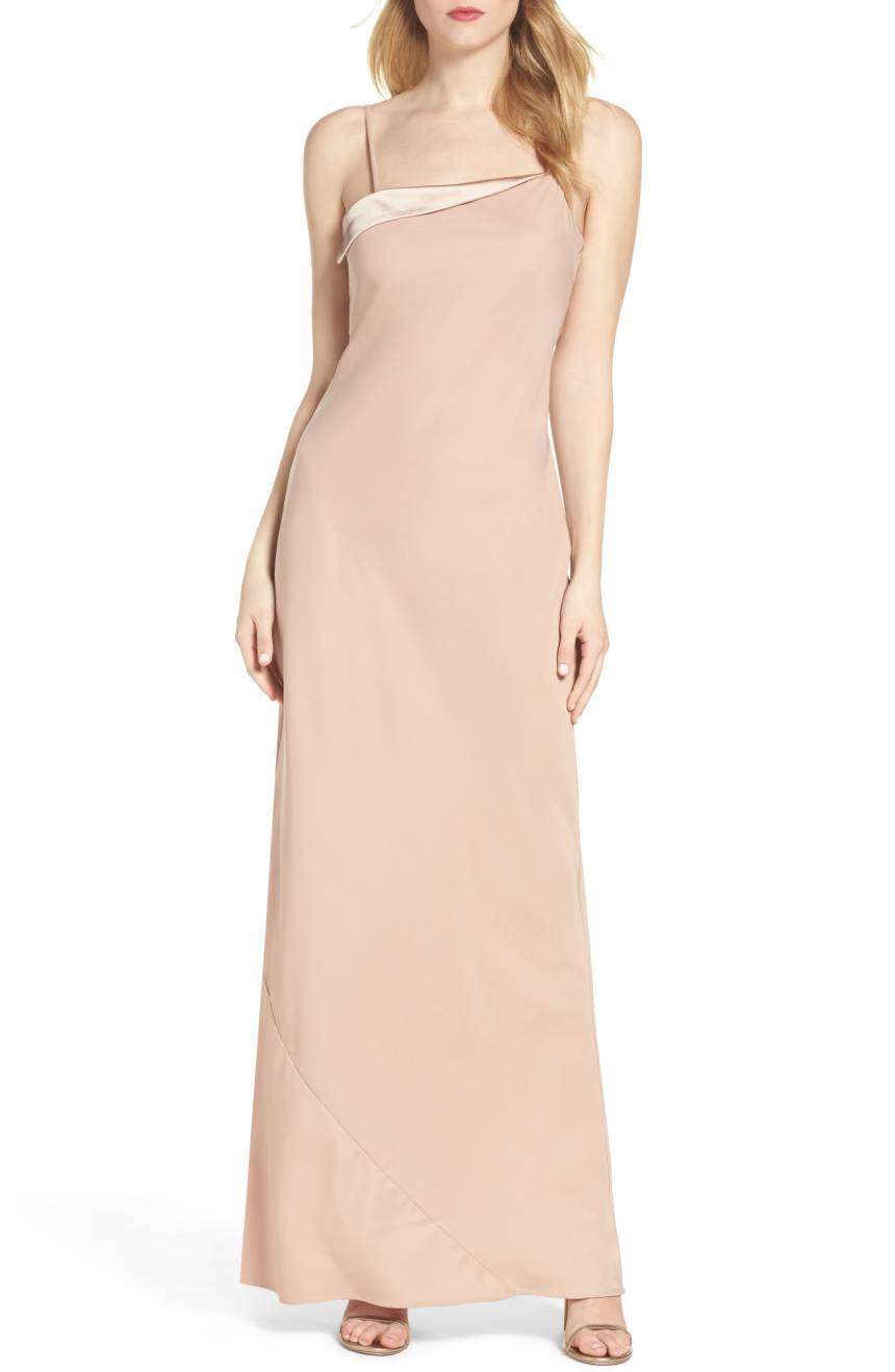 MARIA BIANCA NERO Nude Satin Trim Fold Over Bias Cut Slip Maxi Gown Dress 2 = XS
