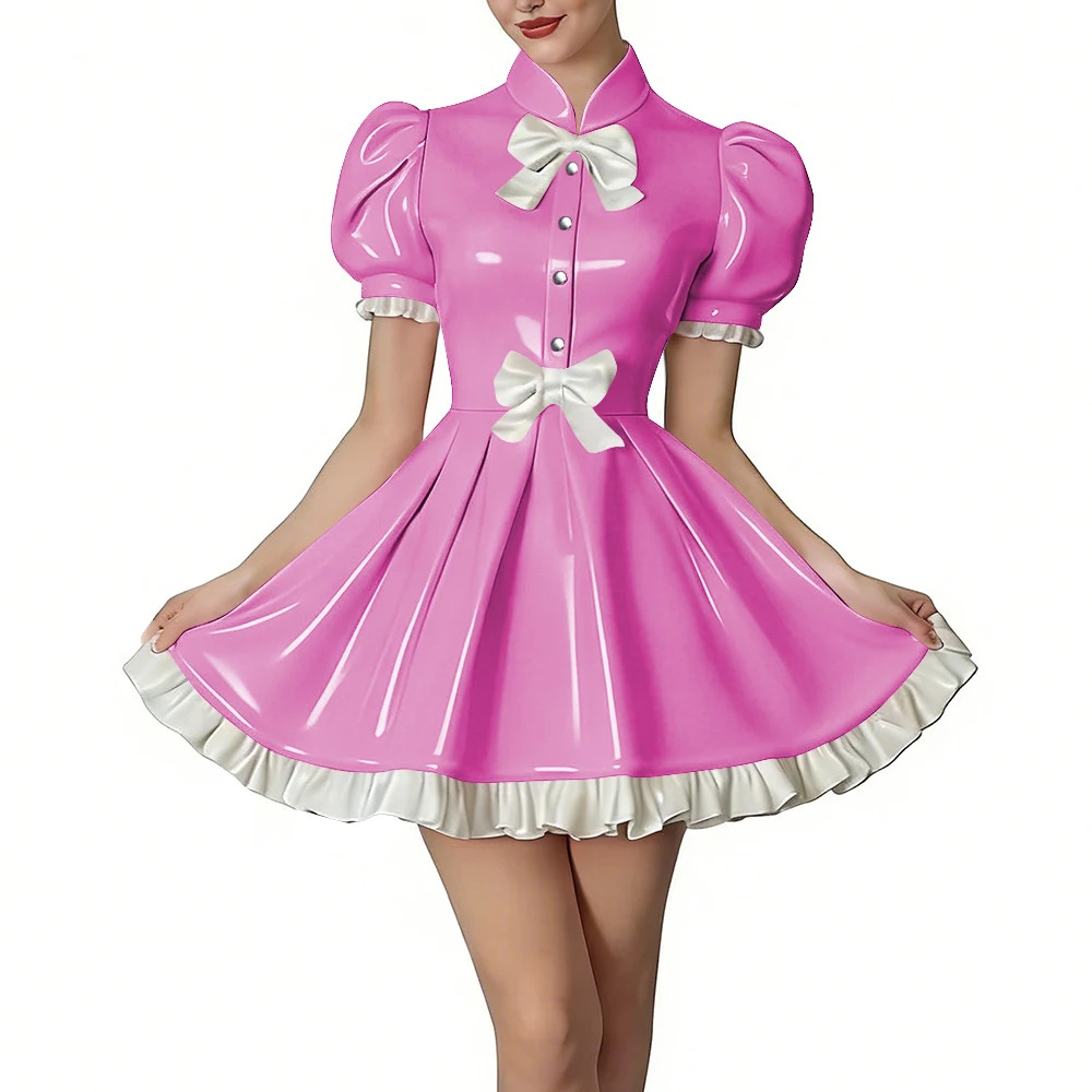 Puff Sleeve Dress with Bows PVC Leather Ruffled Dresses Lolita Party Outfit