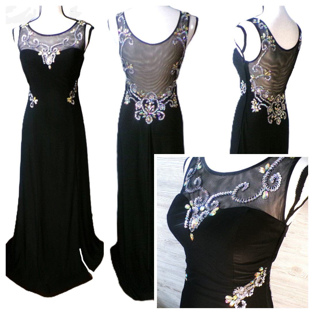 Y2k Masquerade Long Dress S Black Mesh Stones Fairygoth Goth Glam Prom Vtg 90’s