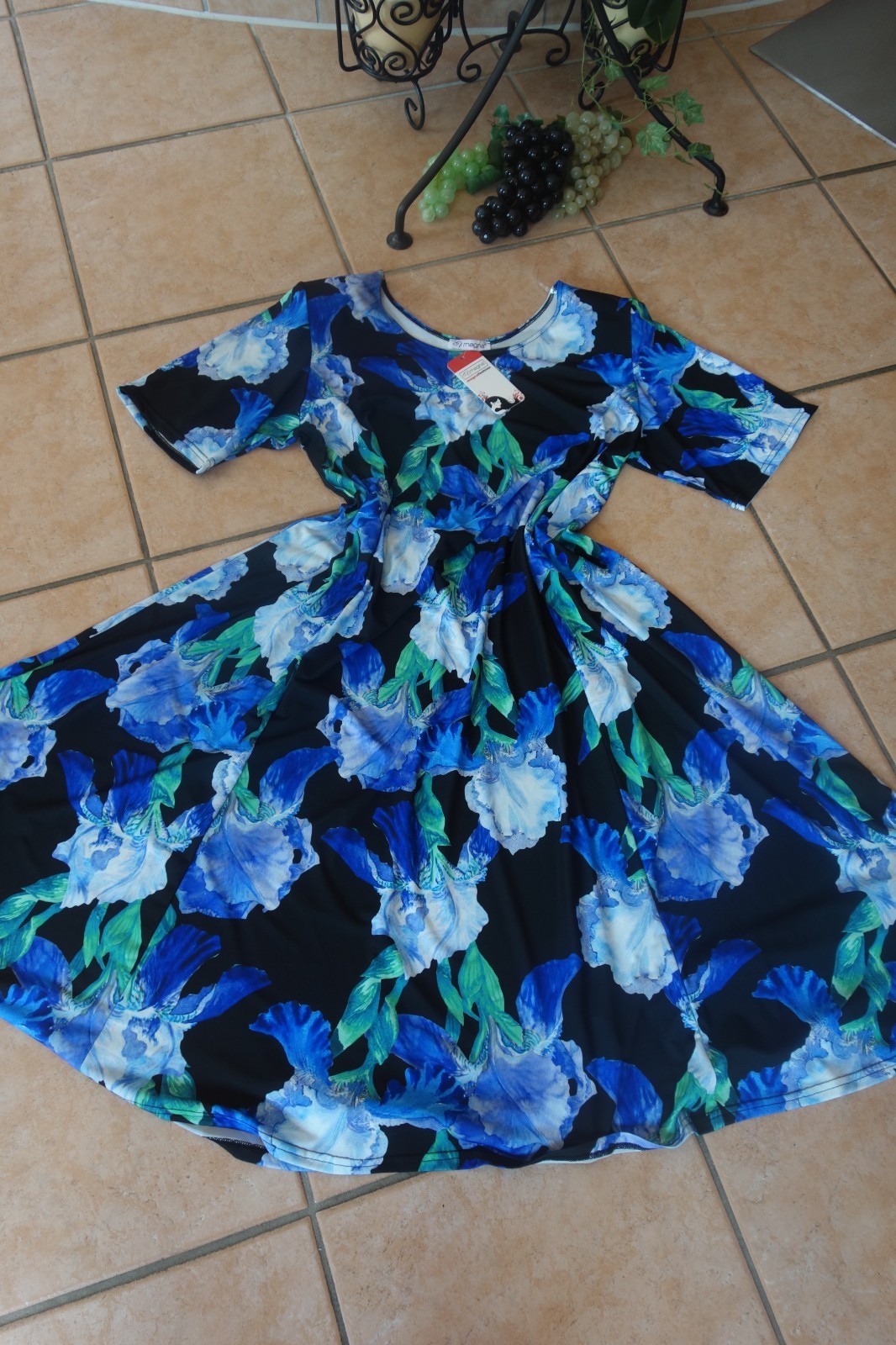 MAGNA dress spring summer 48 50 NEW blue tones flowers stretch A-line LAGENLOOK