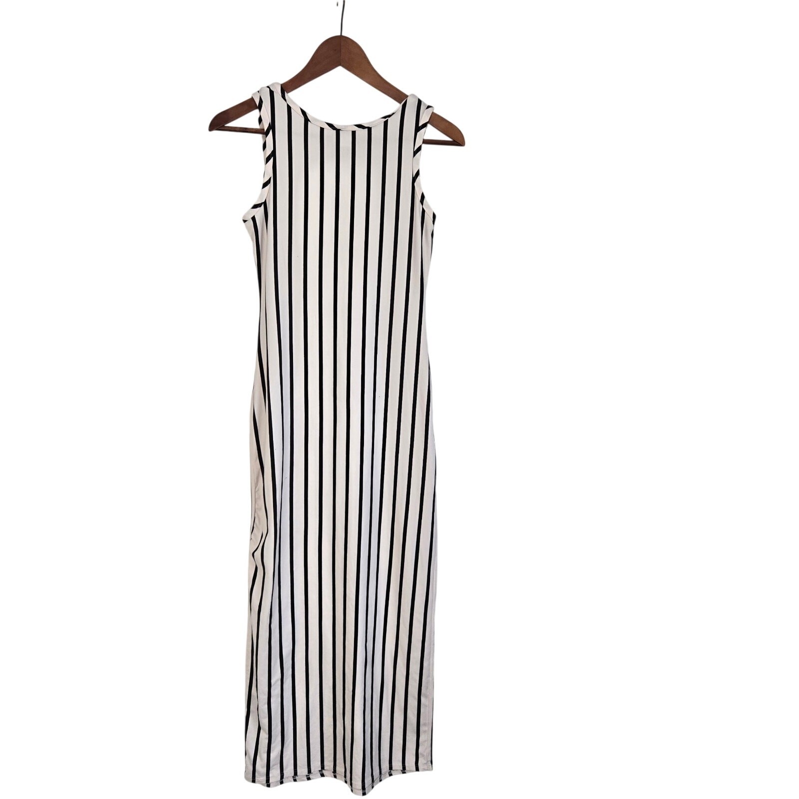 Sleeveless Black & White Vertical Stripe Column Maxi Dress Mod Minimalist Size S
