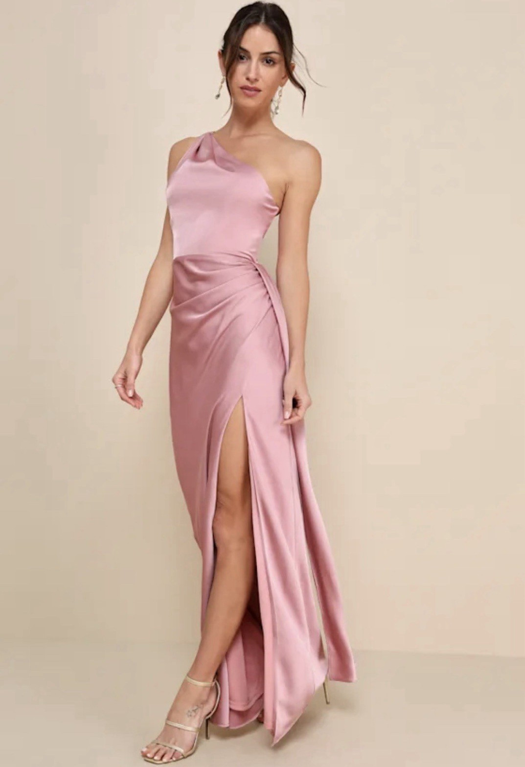 Lulus Signature Elegance Rose Satin One-Shoulder Maxi Dress Medium NWT