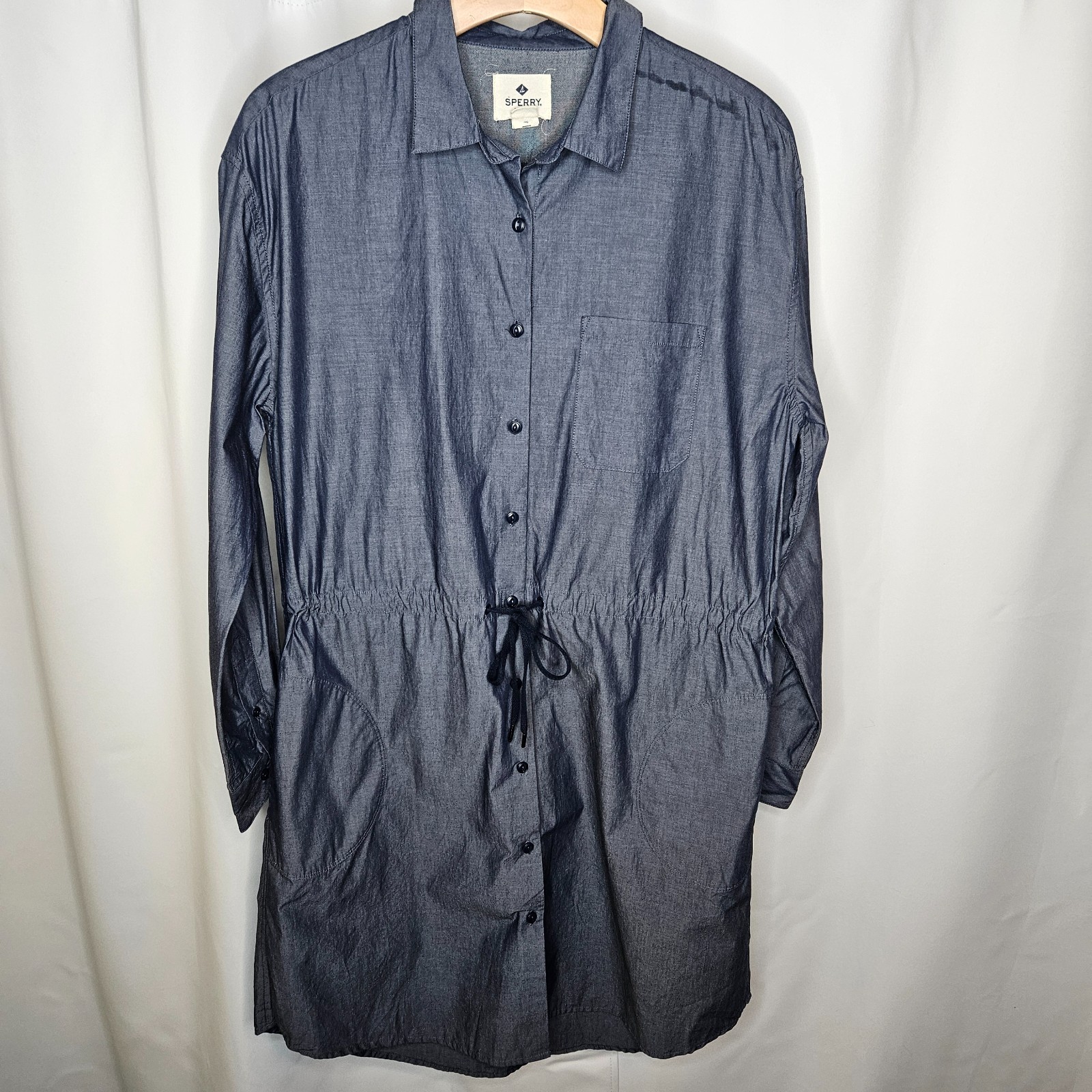 Sperry Top-Sider Womens Chambray Denim Shirt Dress Drawstring Waist Blue Med