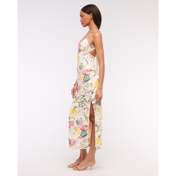 Abercrombie & Fitch Premium Linen Cutout Midi Dress Vegetable Print Cream Med P