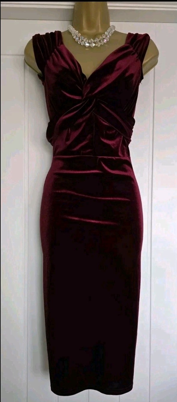 Vintage 1940s 1950s Style Stretch Wine Velvet Pencil Party Dress Size 10 12